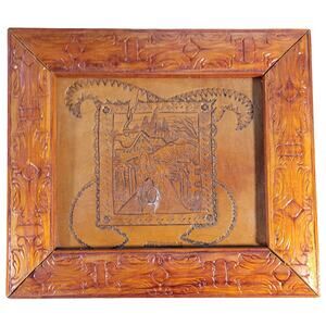 Gene L. Hartranft Handcrafted Leather Tooling Framed Folk Art Farmscape 13x11